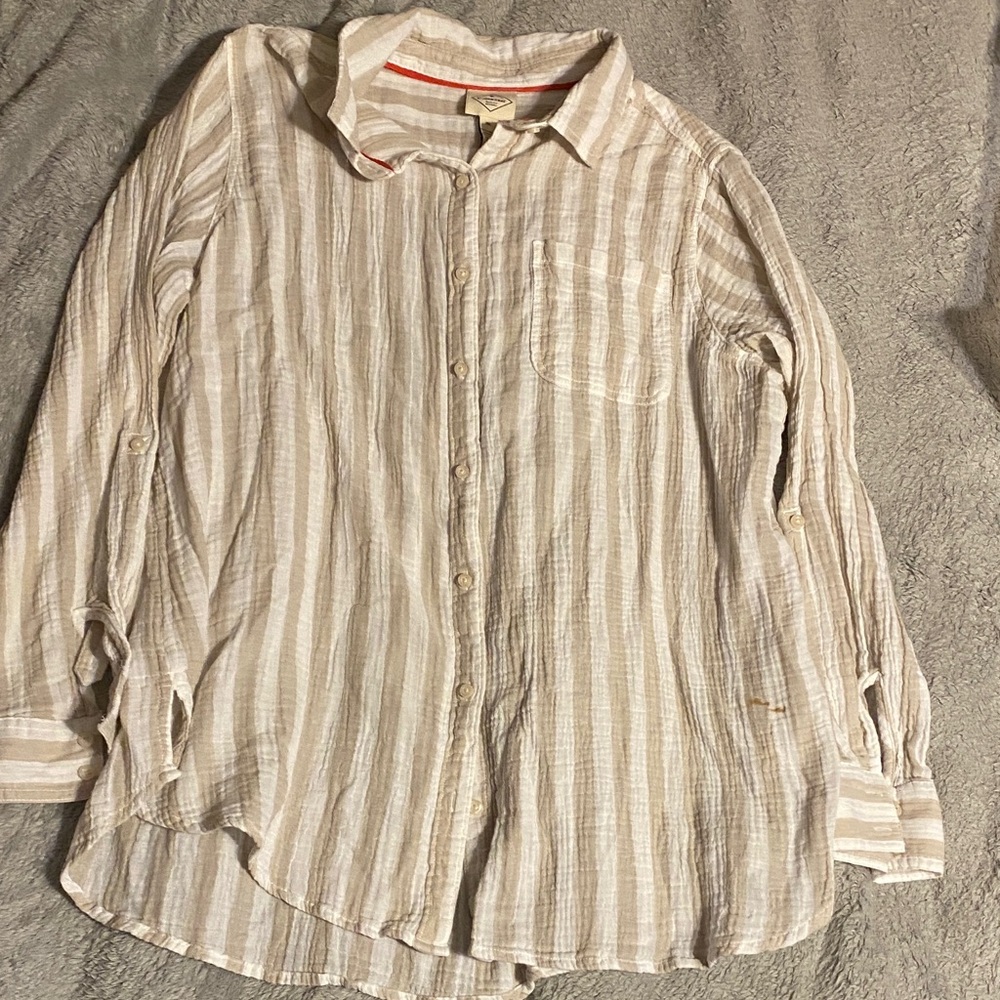 St. John's Bay Cream and Tan Striped Casual Shirt